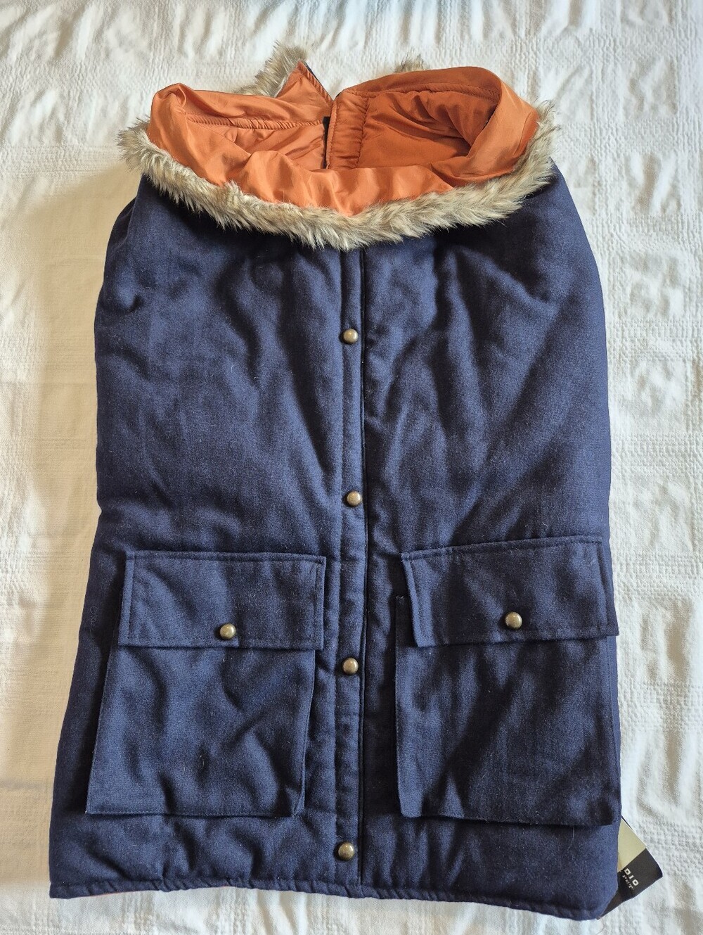 Max Studio XL Winter dog coat navy blue, Hook n loop closure NWT